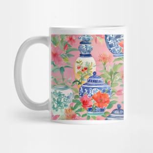 Preppy flowers and chinoiserie jars on pink Mug